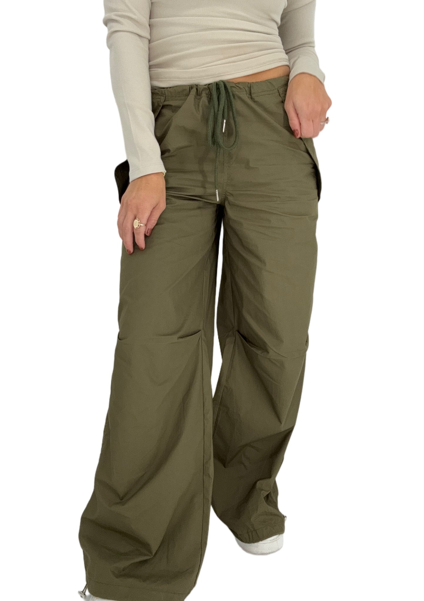 Can’t Stop Me Parachute Pants, wide leg utility pants with drawstring waist and jogger hem