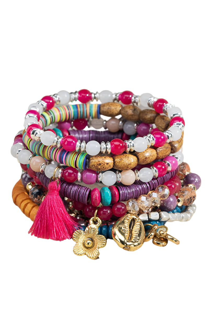 10 Layered Wood and Glass Boho Bracelet Set