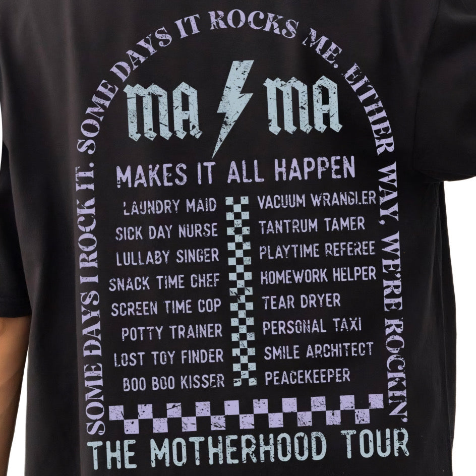 Black t-shirt with white text and graphics on a white background