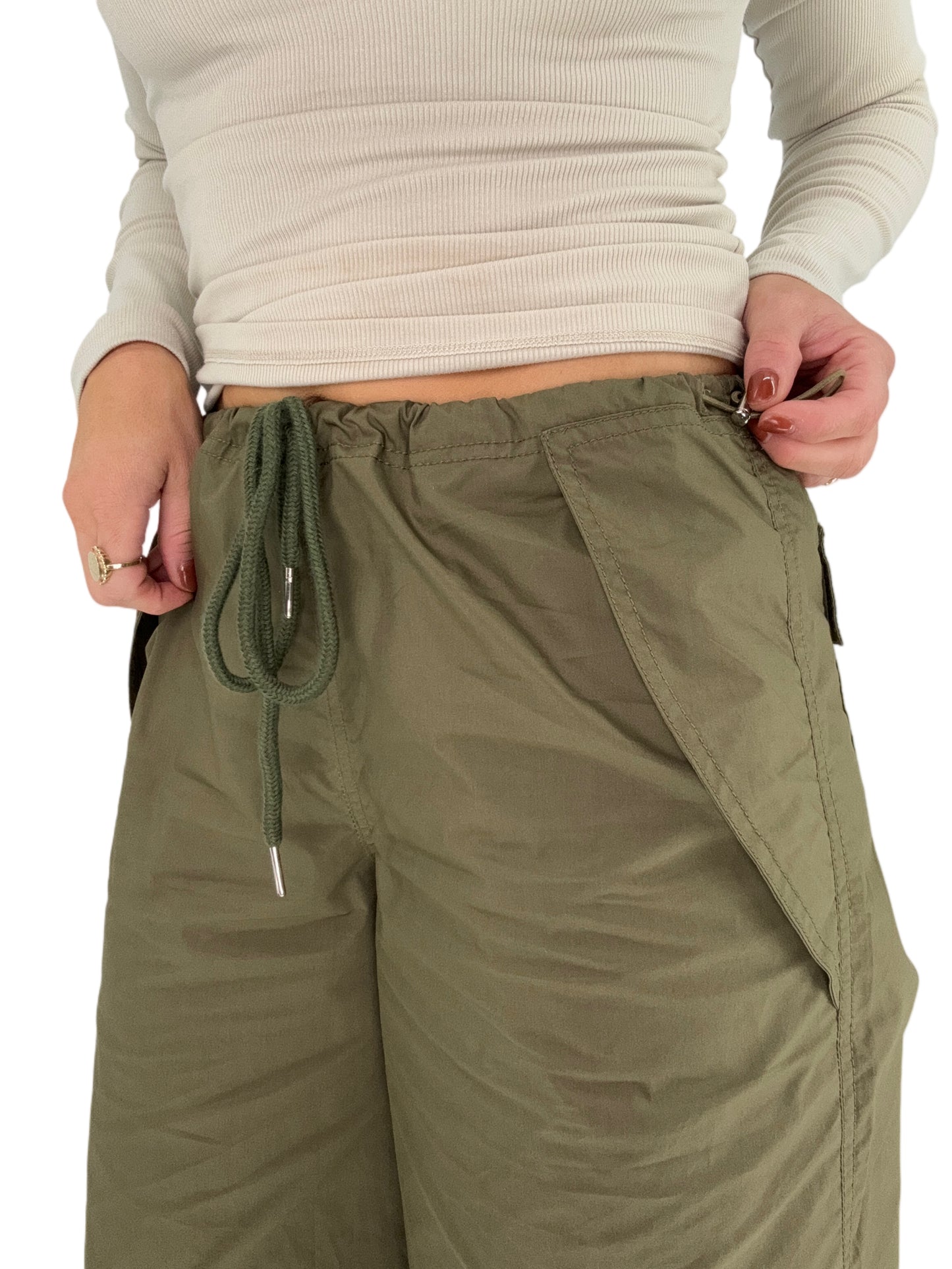 Can’t Stop Me Parachute Pants, wide leg utility pants with drawstring waist and jogger hem
