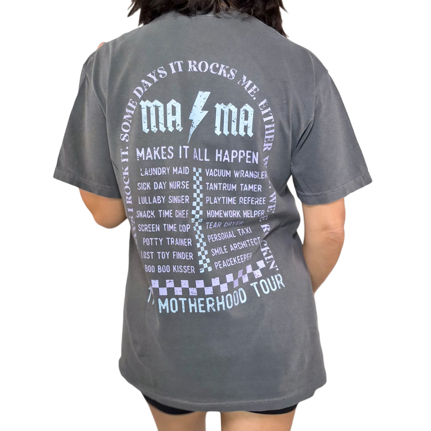 Gray t-shirt with text on the back on a white background