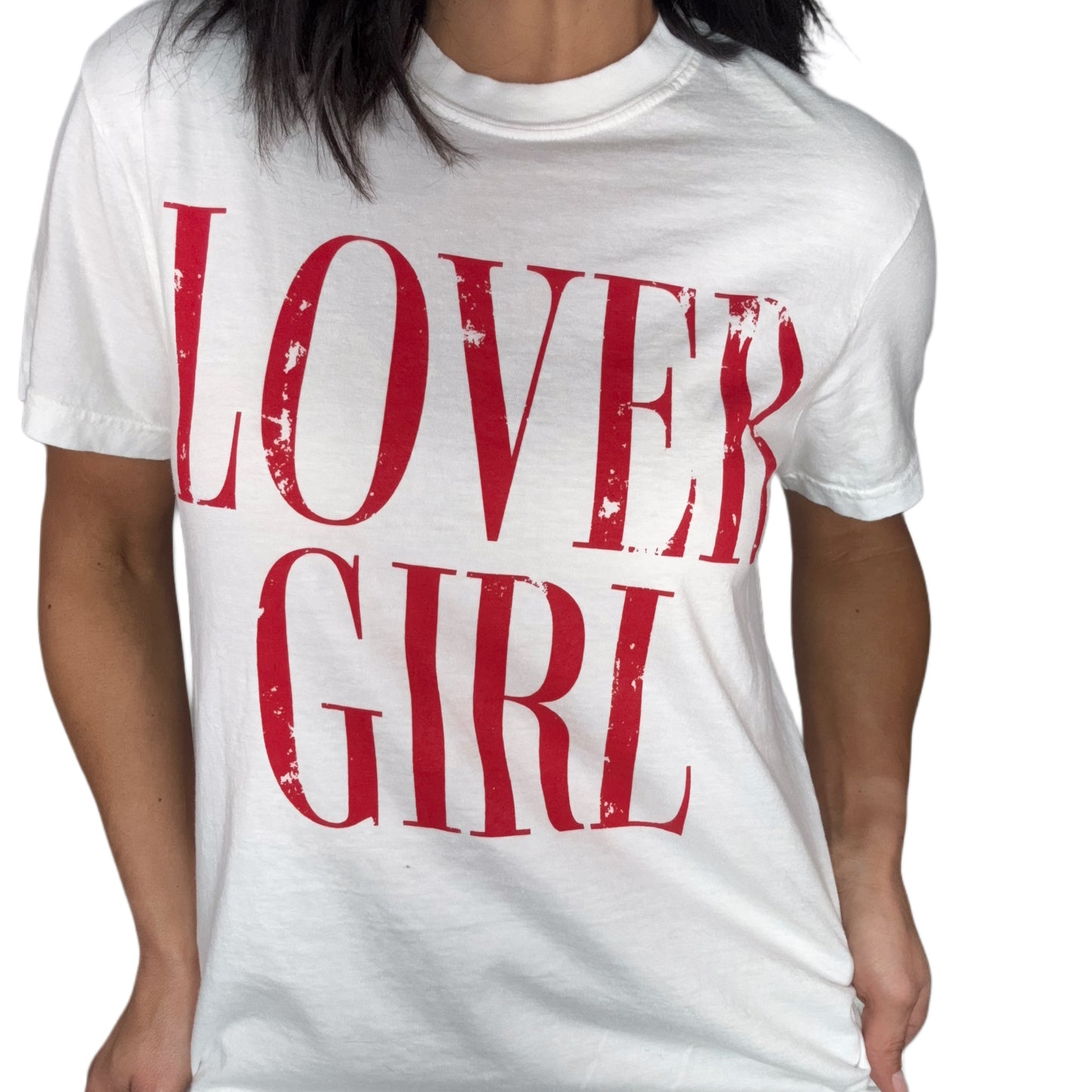 White t-shirt with red text 'LOVER GIRL' on a white background