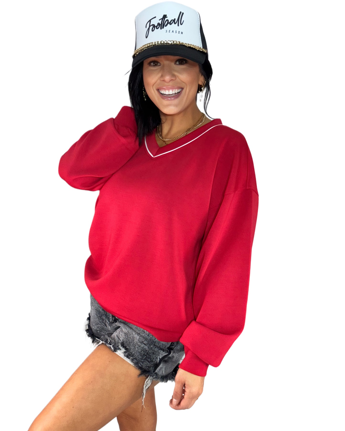 Red Tipped V-Neck Knit Sweater