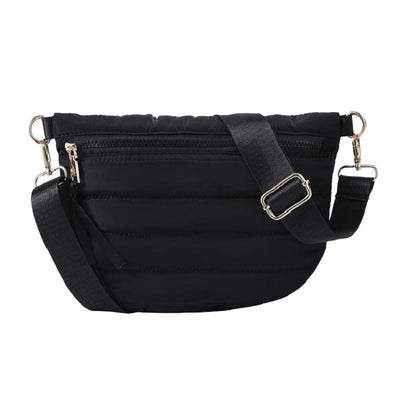 Black waist bag with a strap on a white background