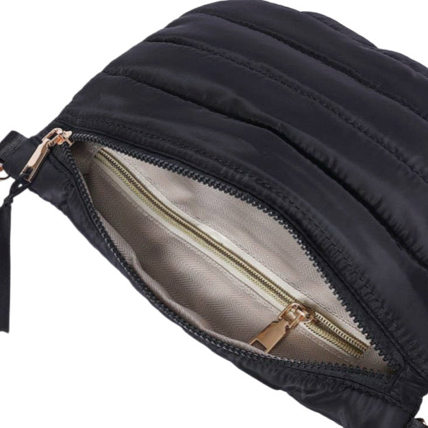 Black quilted bag with a gold zipper on a white background