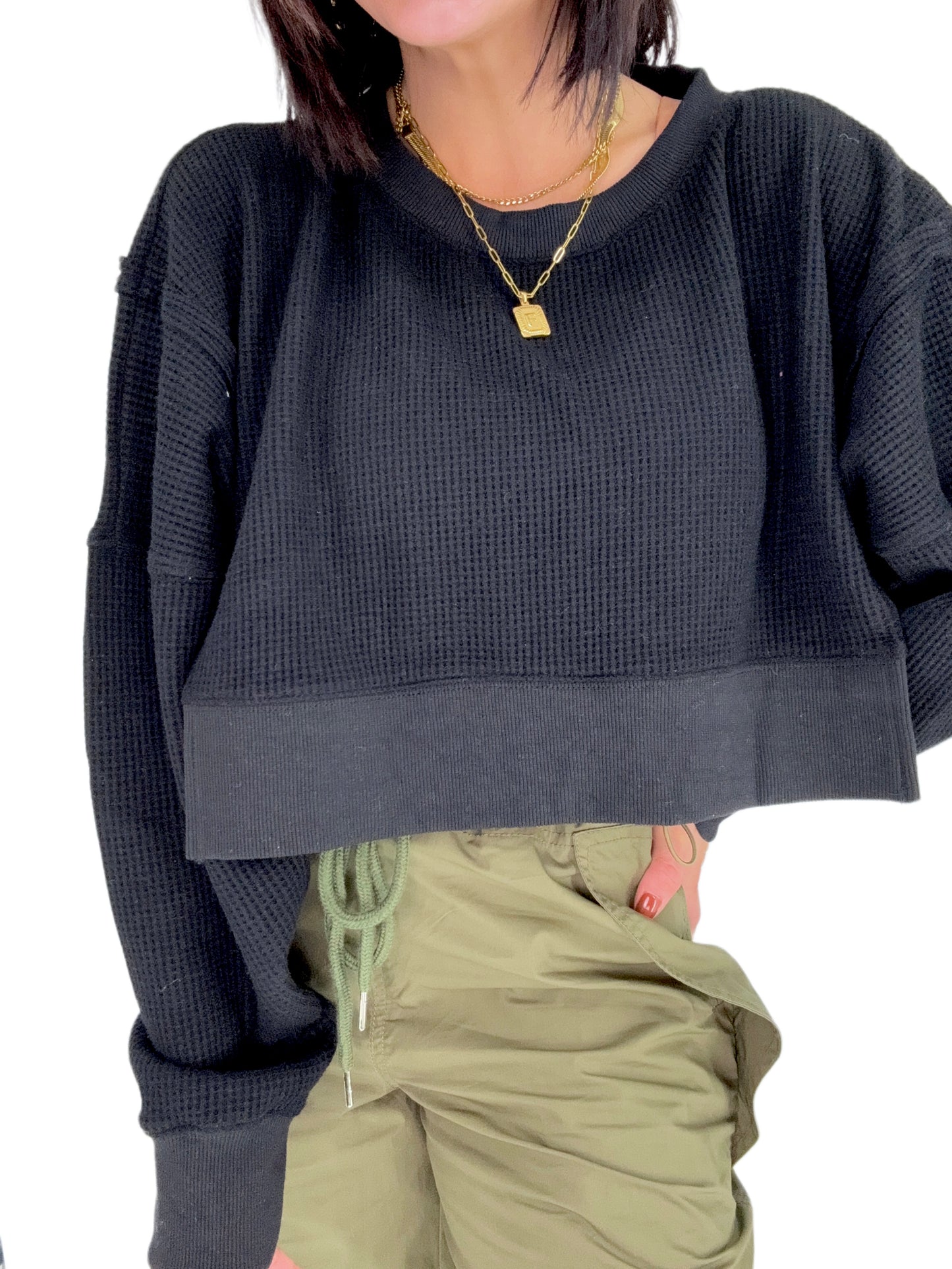 Waffle Knit Oversized Long Sleeve Top