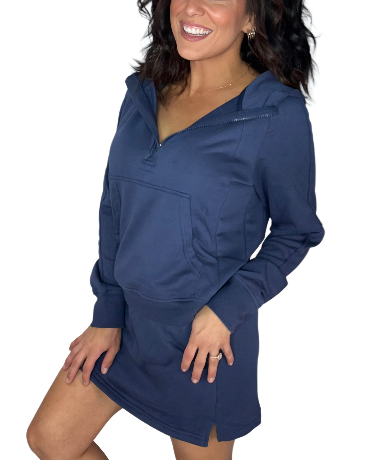A woman wearing a navy blue long-sleeve pullover hoodie Set with a half-zip neckline and front pockets, shown against a plain white background.