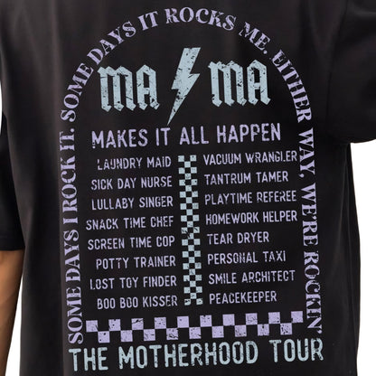 Black t-shirt with white text and graphics on a white background