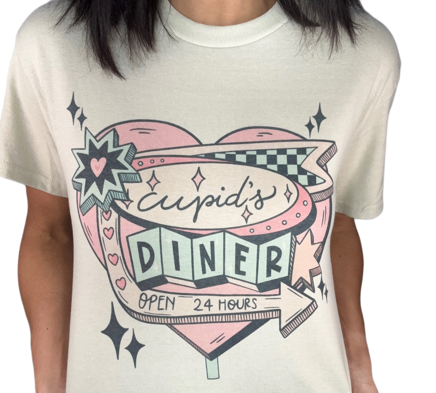 Sand color T-shirt with 'Cupid's Diner' graphic design on a plain background