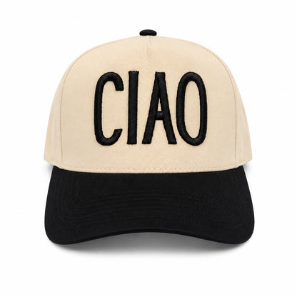 Tan hat with black bill and the word Ciao across the front on a white background