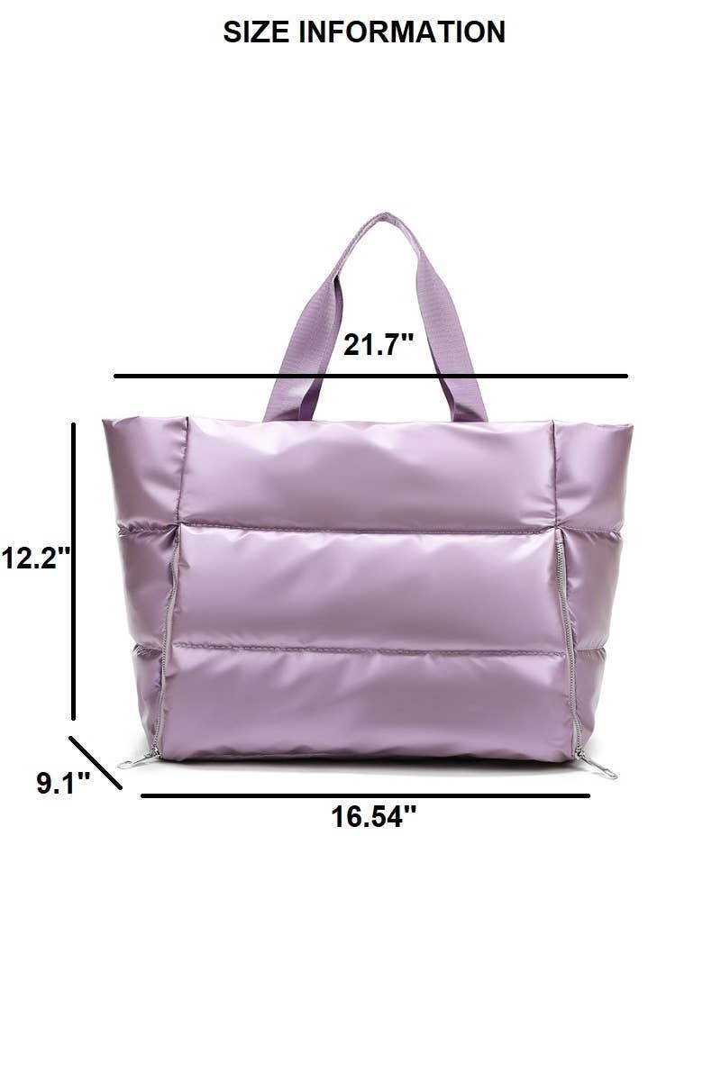 Purple tote bag with dimensions on a white background