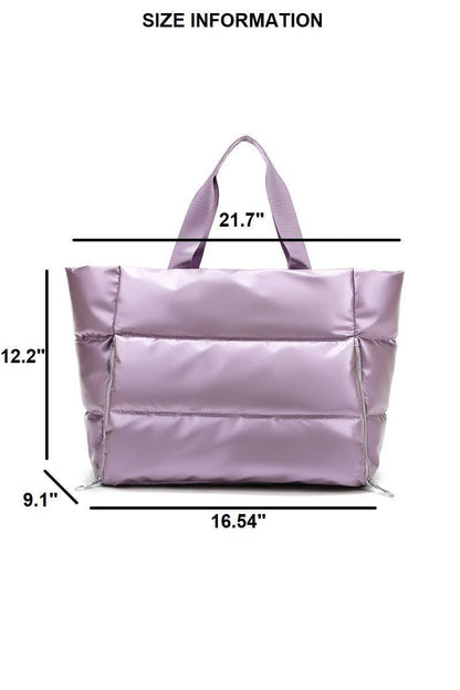 Purple tote bag with dimensions on a white background